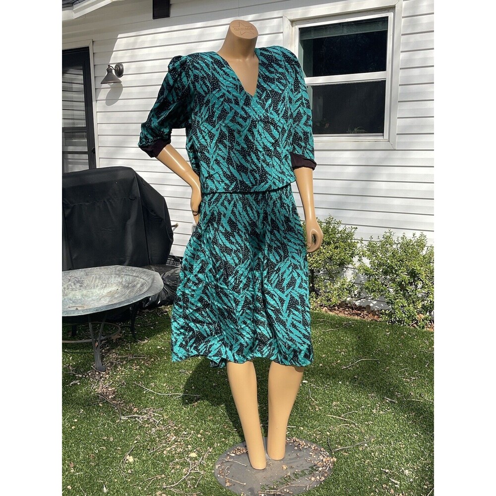 Vintage Orlean de Paris Teal Black Womens Medium Drop Waist Midi Dress 80s